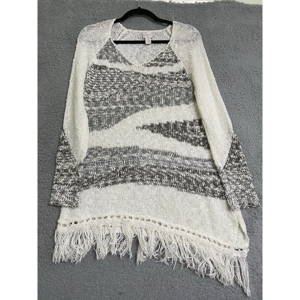 Chicos Women's Small Sweater Asymmetric Hem Fringe Bottom Long Sleeve Aztec Gray